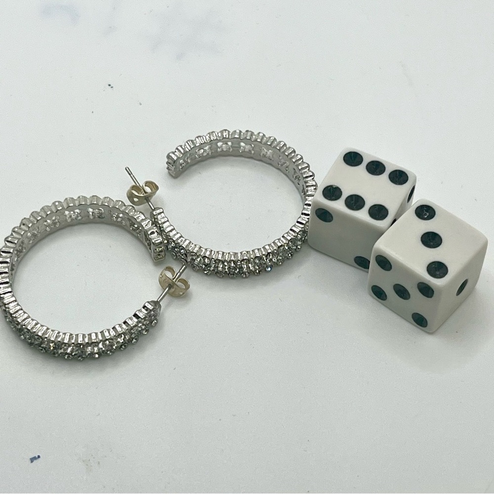 Silver Tone Rhinestone Hoop Earrings - Picture 5 of 8